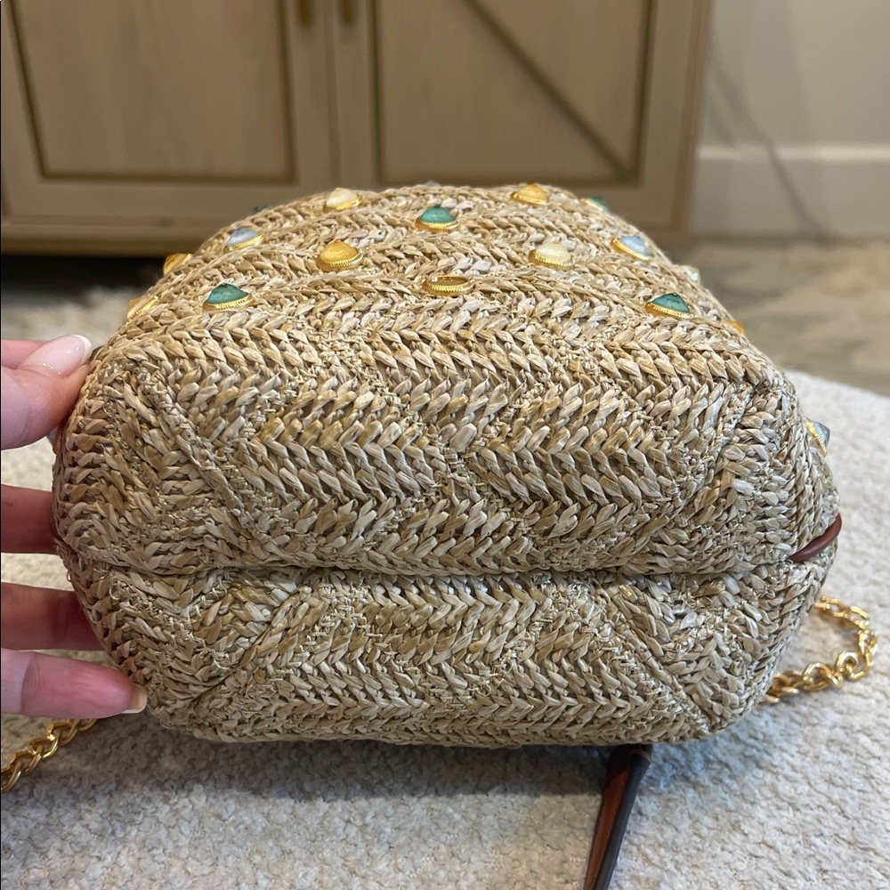 Tory Burch Straw Bucket Bag with Brown Leather and Crossbody Gold Chain - Picture 4 of 7